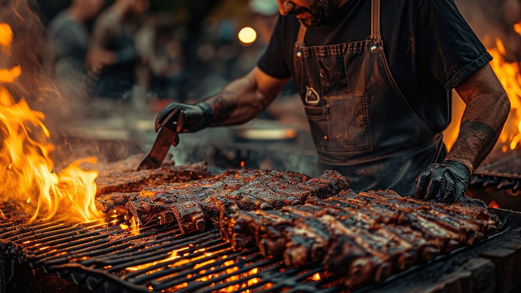 Cortes de carne en parrilla tradicional con brasas de leña en Buenos Aires