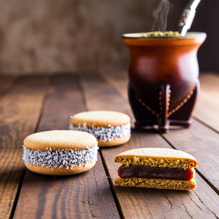 El universo dulce - Alfajores de maicena con coco rallado rellenos de dulce de leche repostero y mate cebado
