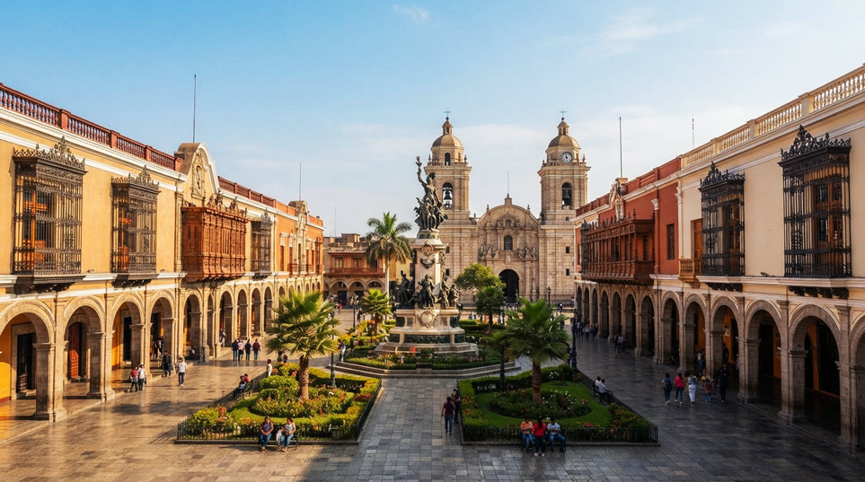 La señorial Plaza de Armas de Trujillo con sus casonas virreinales de grandes ventanales de rejería