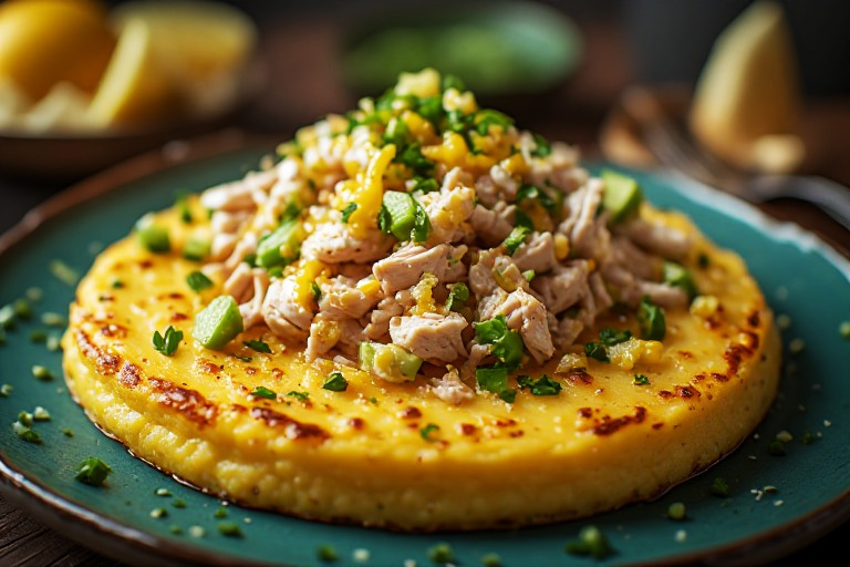 Causa Rellena - Se dispone en capas y tradicionalmente se rellena de ensalada de pollo con mayonesa o atún aguacate y huevo duro