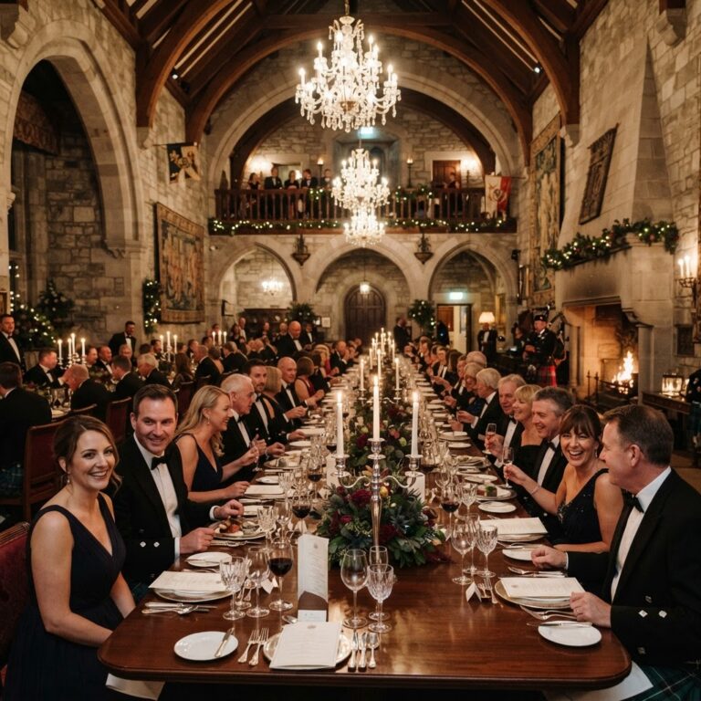 Cena de gala en el gran comedor real con música de gaitas