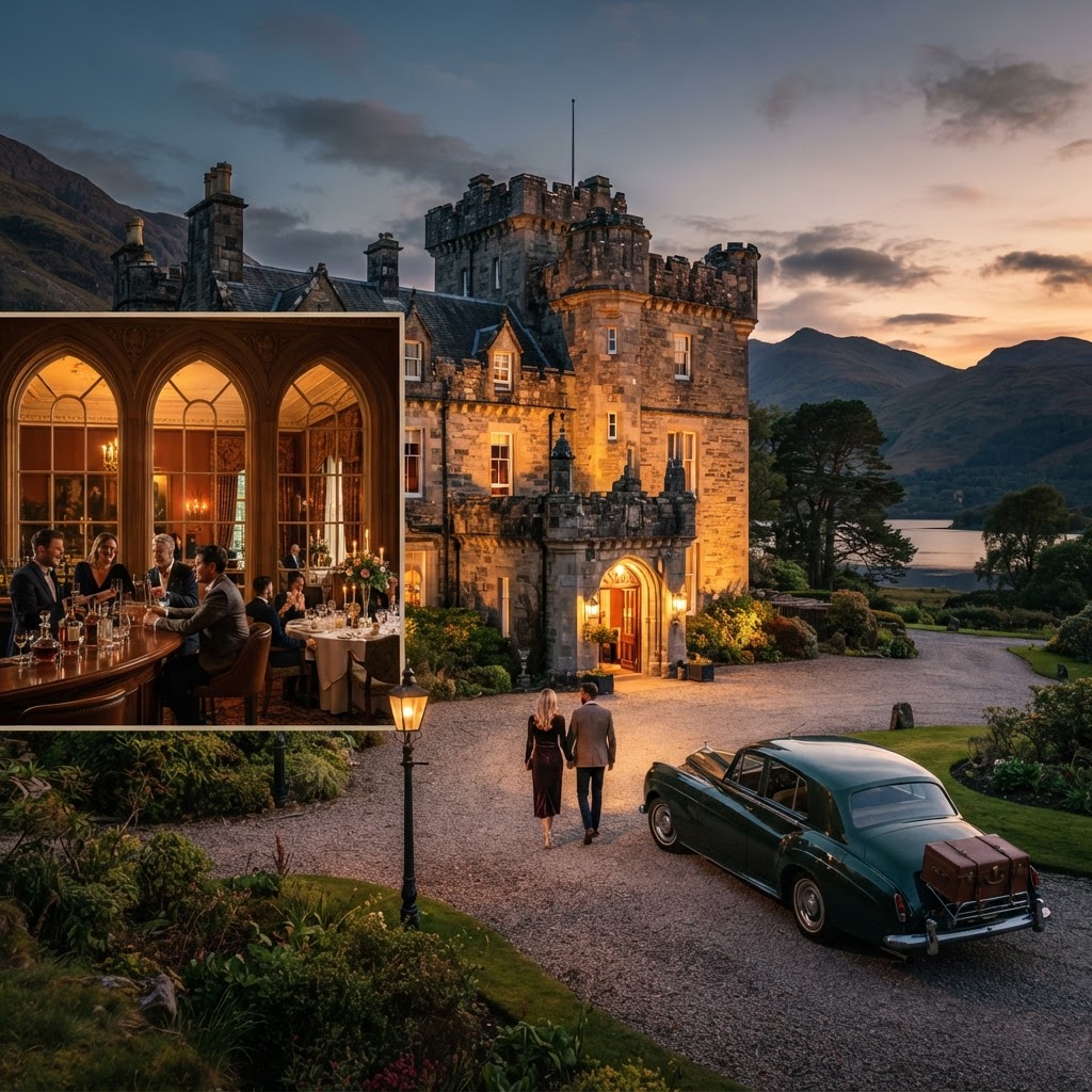 Pareja caminando hacia un castillo iluminado junto a un coche clásico en un hotel castillo en Escocia