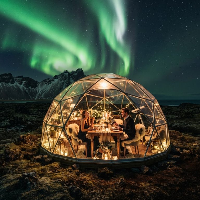 Caza de aurora boreal con cena estelar en el campo