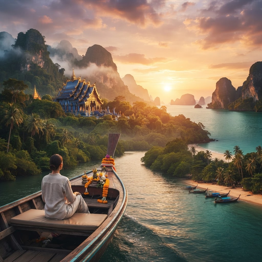Mujer en una barca de cola larga con guirnaldas ante un templo entre acantilados al atardecer en un viaje de lujo a Tailandia