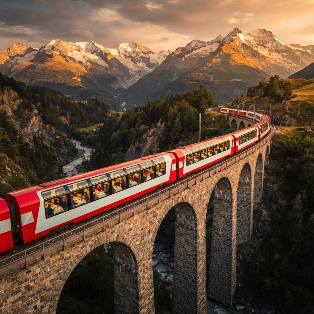 Tren rojo panorámico cruzando un viaducto de piedra entre montañas nevadas al atardecer en el Glacier Express